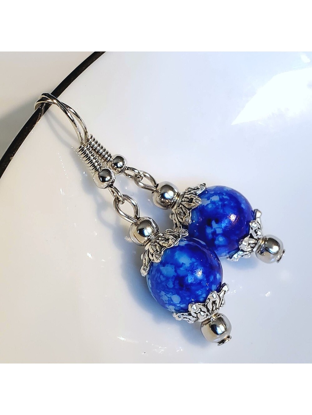 Art Nouveau Mottled Cobalt Blue White Glass Beads Antiqued Silver Earrings